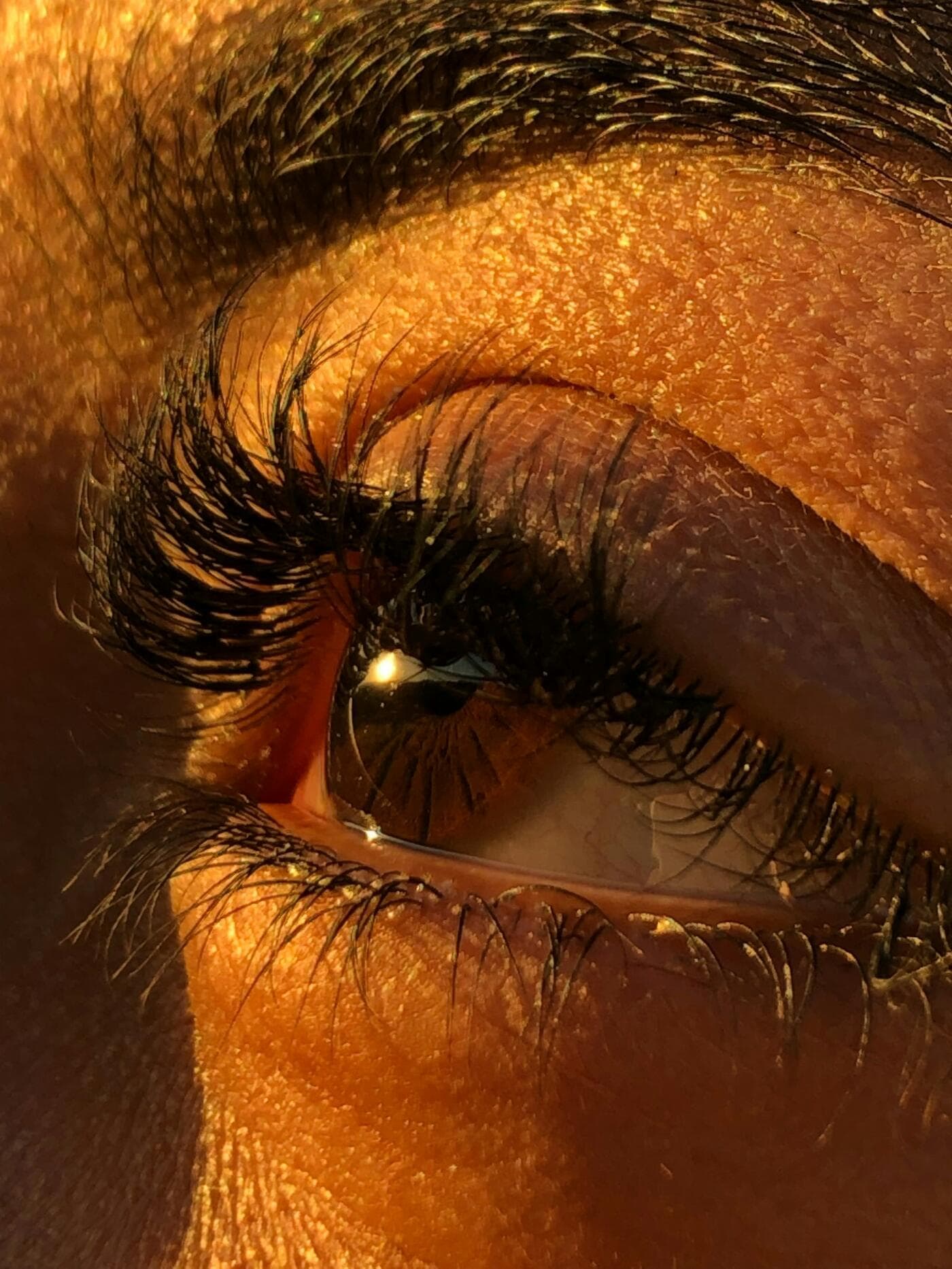 Close-up of a woman’s eye with long, softly curled lashes and warm brown skin in golden light